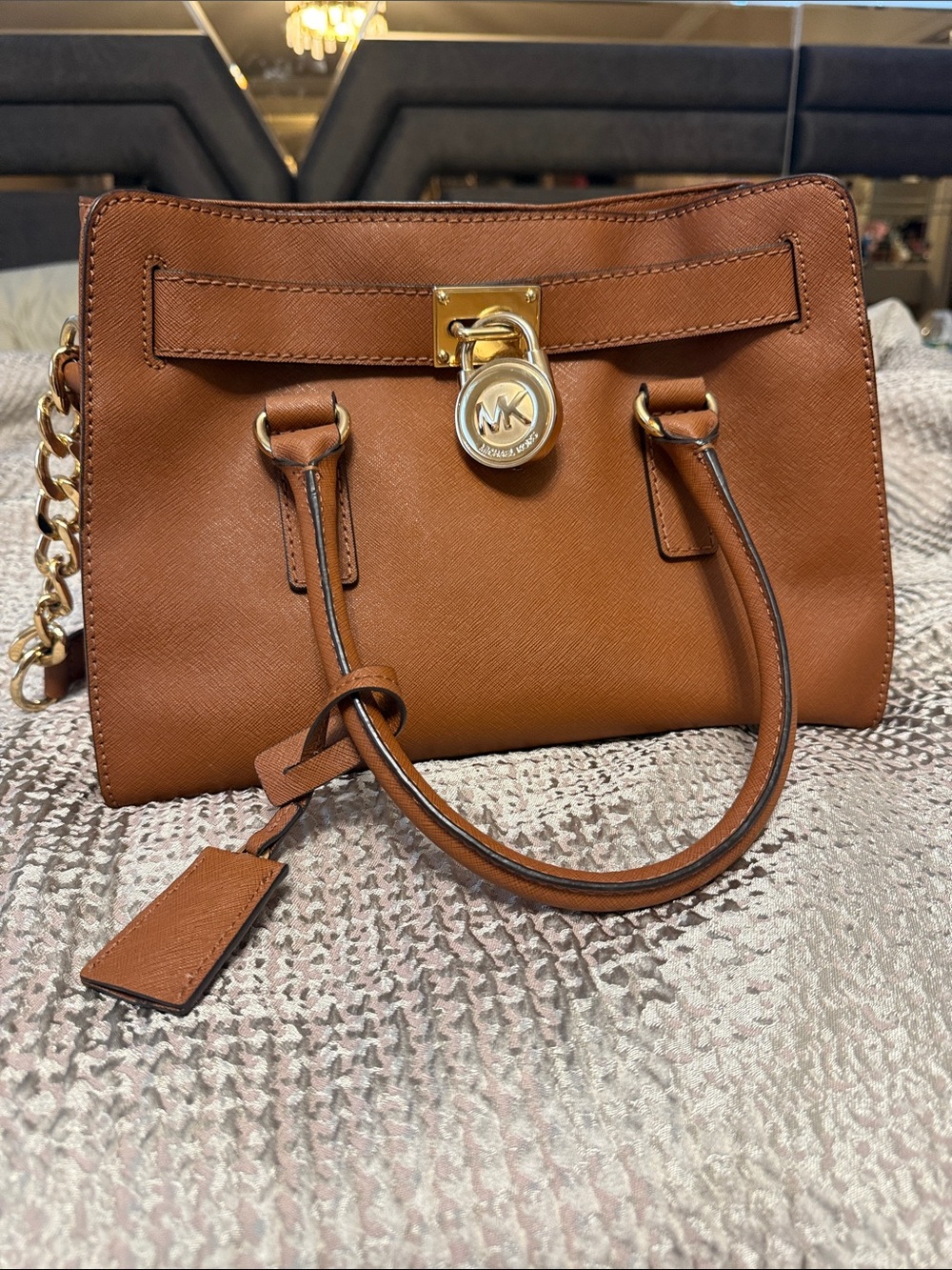 Michael Kors Brown Saffiano Leather Satchel with Gold Hardware